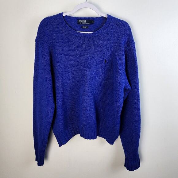 Polo Ralph Lauren Cobalt Blue Knit Wool Blend Sweater Size XL Preppy Vintage 80s - Picture 1 of 4